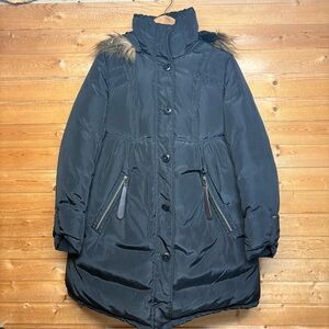 Momo Maternity Lily Black Down/Feather  Hooded Full ZipBelted Puffer Jacket Sz M